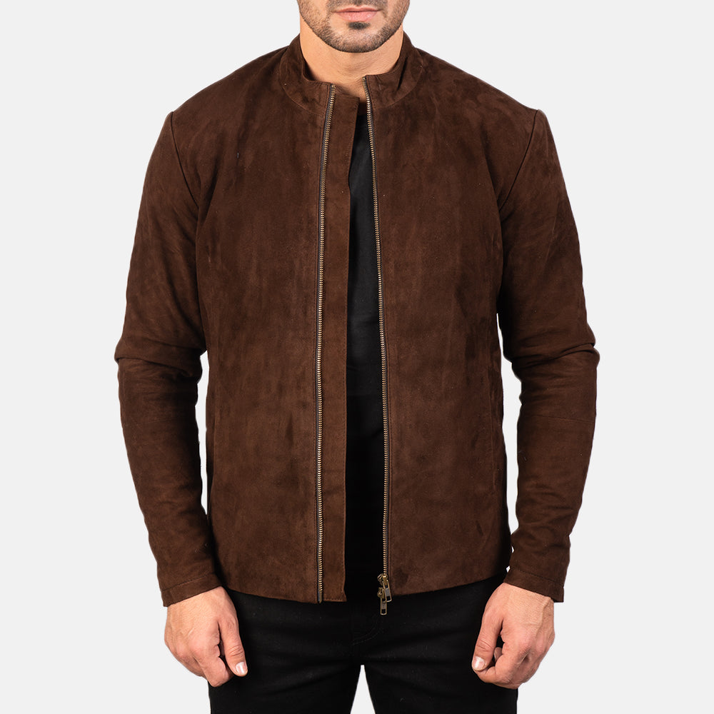 Men's Charcoal Mocha Suede جاكيت بايكر جلد رجالي in Dark Brown Goatskin Suede - Front Profile View &amp; Tailored Silhouette | Buy Online