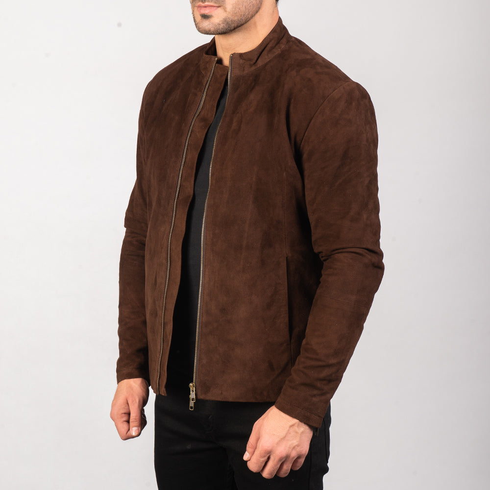 Dark Brown Goatskin Suede Biker Jacket - Back View Showing Tailored Shoulder Fit &amp; Clean Hemline