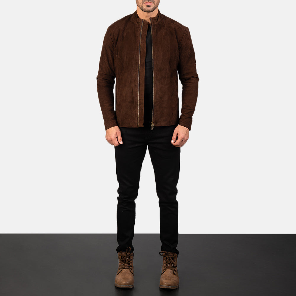 Men's Charcoal Mocha Suede جاكيت بايكر جلد رجالي - Lateral Side Profile View Showing Sleeve Cut &amp; Athletic Taper Fit