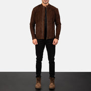 Men's Charcoal Mocha Suede جاكيت بايكر جلد رجالي - Lateral Side Profile View Showing Sleeve Cut &amp; Athletic Taper Fit