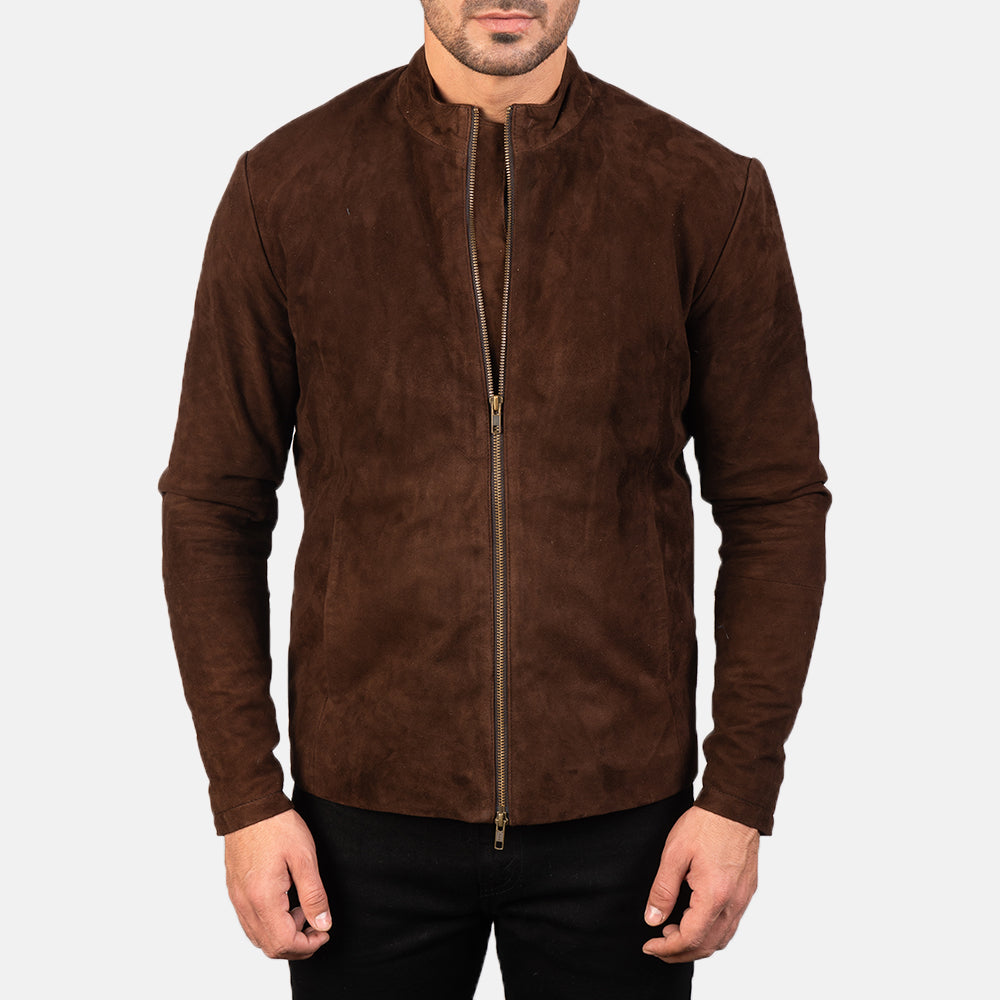 Close-Up Detail of Mandarin &amp; Zipper with Dual Puller Hardware on Men's Charcoal Mocha Suede جاكيت بايكر جلد رجالي