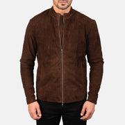 Close-Up Detail of Mandarin &amp; Zipper with Dual Puller Hardware on Men's Charcoal Mocha Suede جاكيت بايكر جلد رجالي