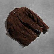 Zipper &amp; Hem Craftsmanship Construction Detail on Men's Charcoal Mocha Suede جاكيت بايكر جلد رجالي