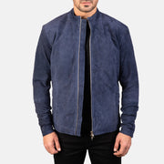 Men's Charcoal Navy أزرق Suede جاكيت بايكر جلد رجالي in Navy Blue Goatskin Suede - Front Profile View &amp; Tailored Silhouette | Buy Online
