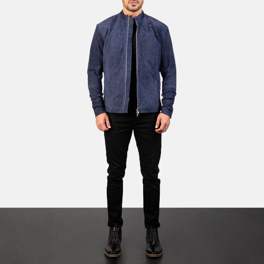 Men's Charcoal Navy أزرق Suede جاكيت بايكر جلد رجالي - Lateral Side Profile View Showing Sleeve Cut &amp; Athletic Taper Fit