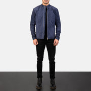 Men's Charcoal Navy أزرق Suede جاكيت بايكر جلد رجالي - Lateral Side Profile View Showing Sleeve Cut &amp; Athletic Taper Fit