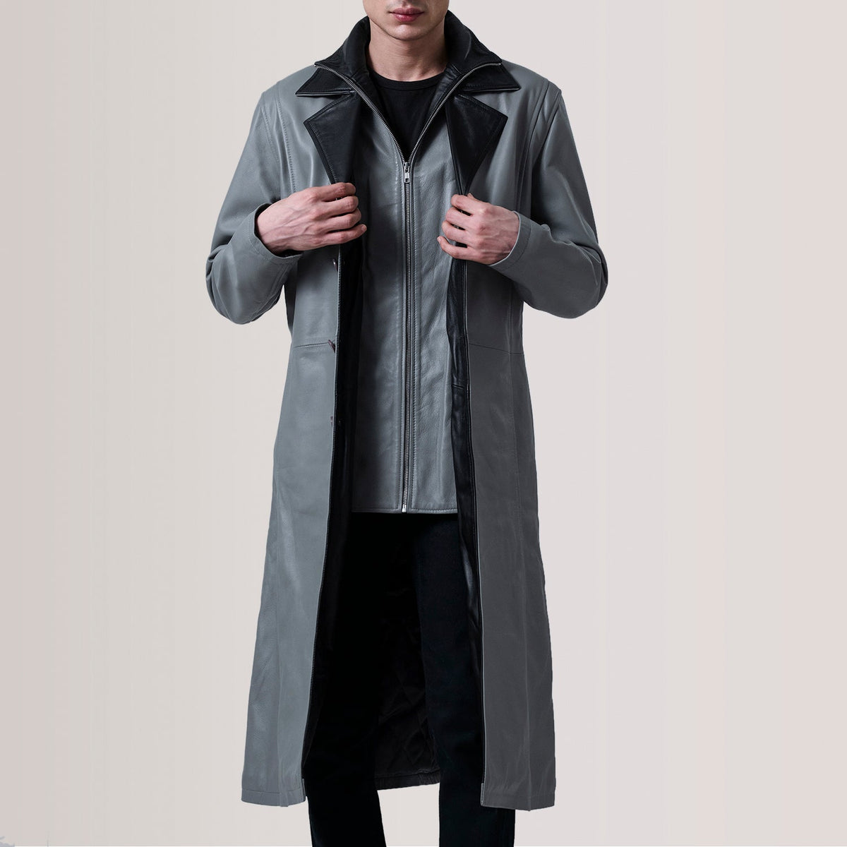 
Charlton Grey Leather Single Breasted معطف جلد فاخر رجالي For Men in Grey Sheepskin Leather - عرض أمامي وقَصّة مفصلة أنيقة | شراء أونلاين عبر المتجر الرسمي