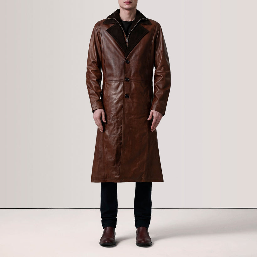 Charlton Waxed بني Leather Single Breasted معطف جلد رجالي