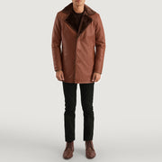 Men's Cinnamon بني Leather Fur معطف جلد رجالي - Lateral Side Profile View Showing Sleeve Cut &amp; Athletic Taper Fit