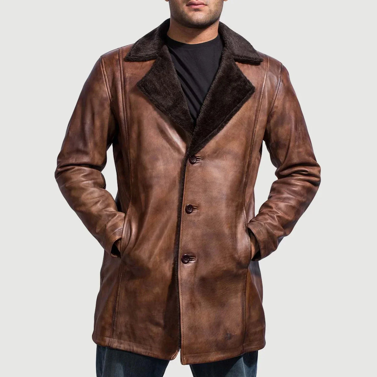 Men's Cinnamon Distressed Leather Fur معطف جلد رجالي - Lateral Side Profile View Showing Sleeve Cut &amp; Athletic Taper Fit