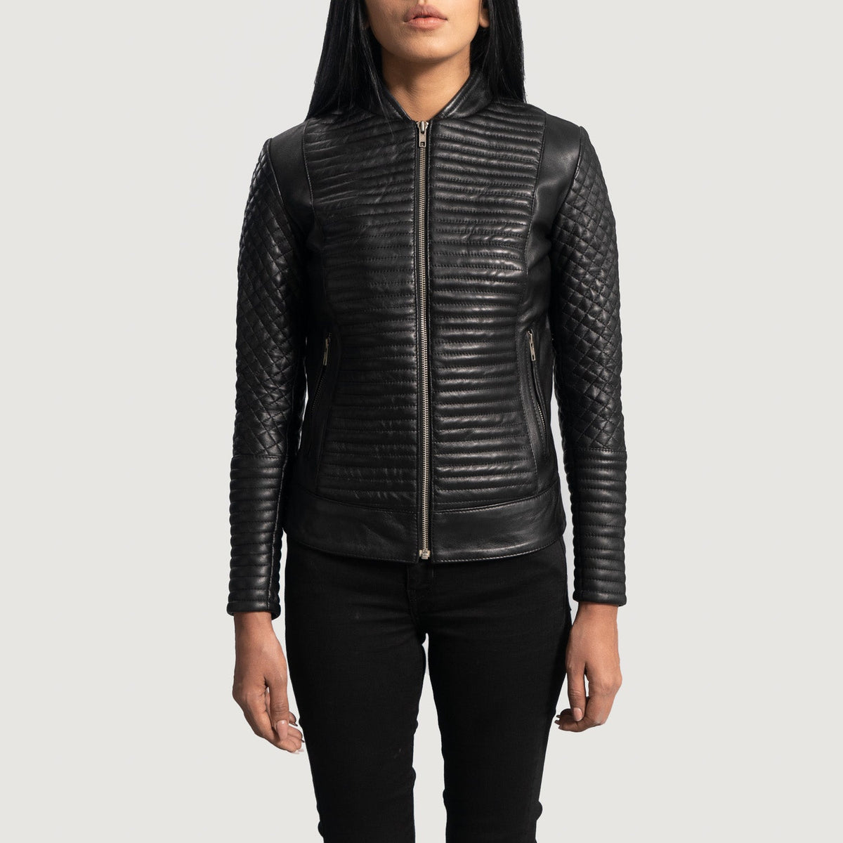 Women's Cityscape أسود جاكيت بايكر جلد نسائي in Black Sheepskin Leather - Front Profile View &amp; Tailored Silhouette | Buy Online