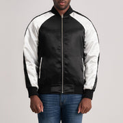 Clarke أسود Varsity جاكيت جلد رجالي in Black &amp; White Satin - Front Profile View &amp; Tailored Silhouette | Buy Online