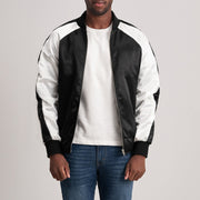 Clarke أسود Varsity جاكيت جلد رجالي - Lateral Side Profile View Showing Sleeve Cut &amp; Athletic Taper Fit