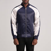 Clarke أزرق Varsity جاكيت جلد رجالي in Blue &amp; White Satin - Front Profile View &amp; Tailored Silhouette | Buy Online