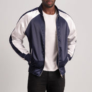 Clarke أزرق Varsity جاكيت جلد رجالي - Lateral Side Profile View Showing Sleeve Cut &amp; Athletic Taper Fit