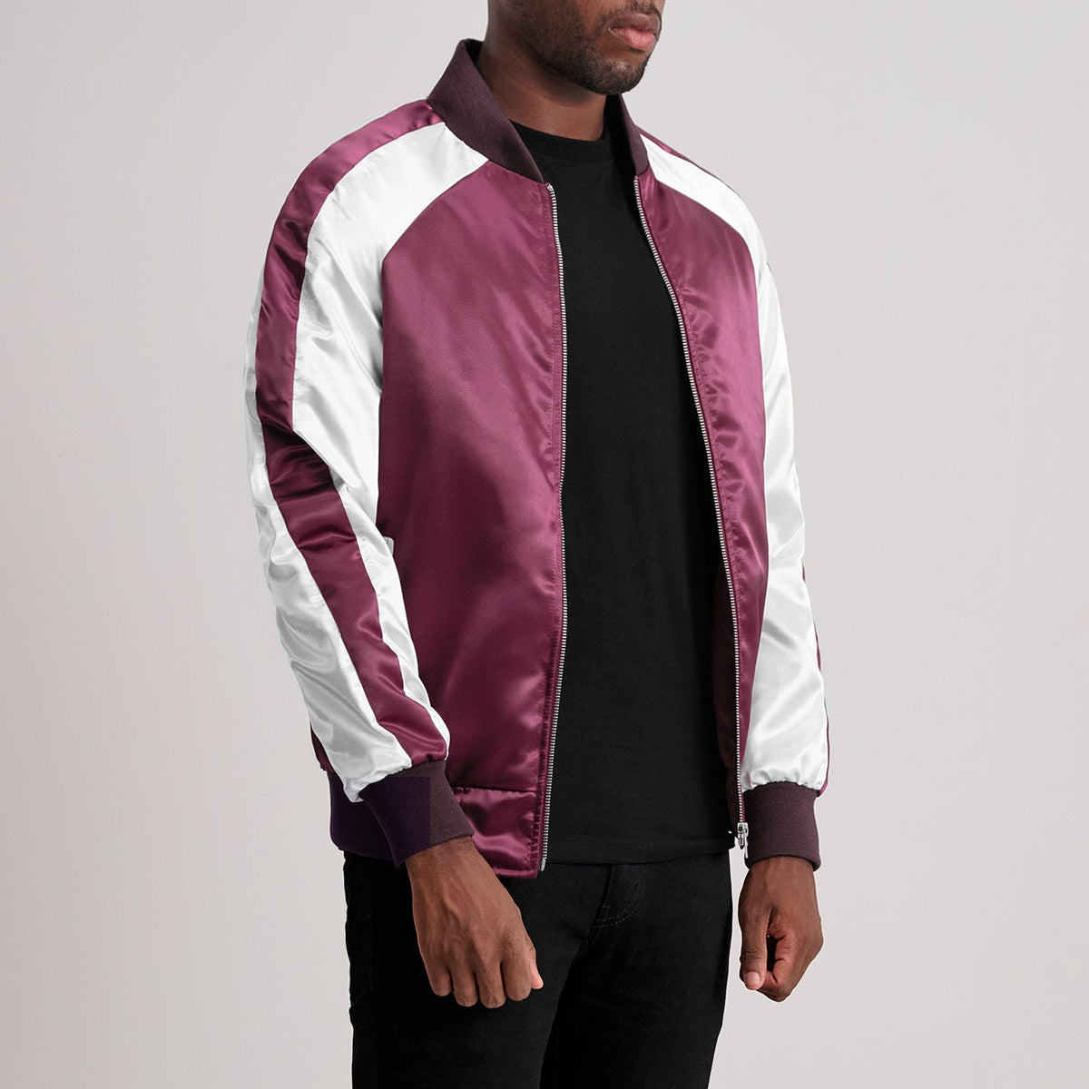 
Maroon & White Satin Aviator Jacket - عرض خلفي يوضح تفصيل الأكتاف المتقن والحاشية النظيفة