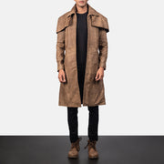 Men's Classic بني Leather Duster رجالي in Distressed Brown Sheepskin Snuffed - Front Profile View &amp; Tailored Silhouette | Buy Online