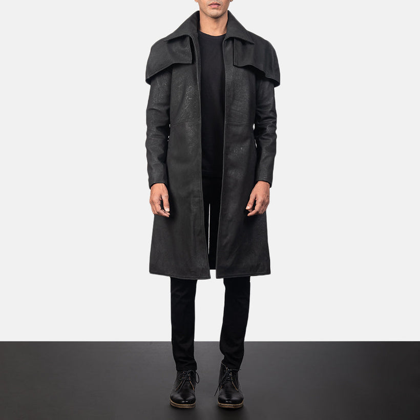 Classic Distressed أسود Leather Duster رجالي
