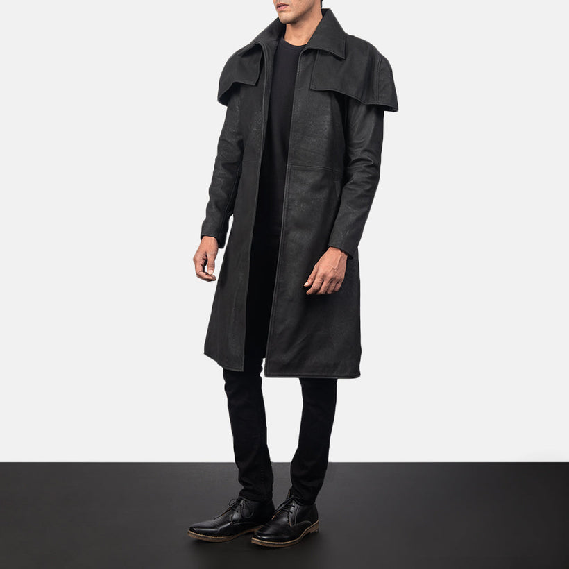 Classic Distressed أسود Leather Duster رجالي