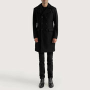 Men's Claud Black Wool Double Breasted Coat - Lateral Side Profile View Showing Sleeve Cut &amp; Athletic Taper Fit