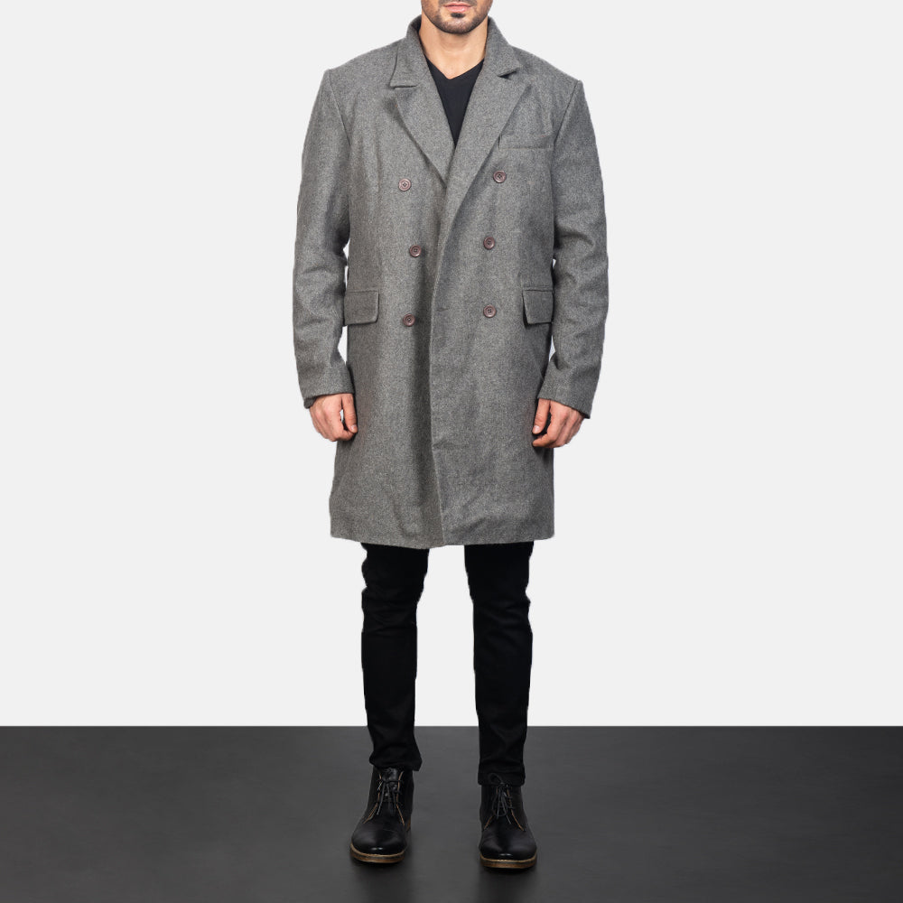 Men's Claud Grey Wool Double Breasted Coat in Grey Synthetic Wool - Front Profile View &amp; Tailored Silhouette | Buy Online