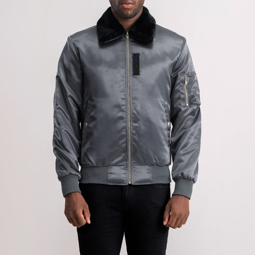 Clyde B-15 Grey Bomber Jacket in Grey Satin - Front Profile View & Tailored Silhouette | Buy Online