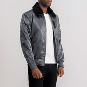 Grey Satin Bomber Jacket - Back View Showing Tailored Shoulder Fit &amp; Clean Hemline