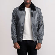 Clyde B-15 Grey Bomber Jacket - Lateral Side Profile View Showing Sleeve Cut &amp; Athletic Taper Fit