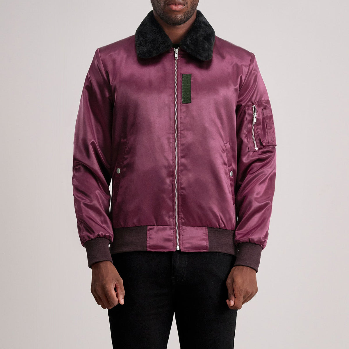 Clyde B-15 عنابي جاكيت بومبر جلد رجالي in Maroon Satin - Front Profile View &amp; Tailored Silhouette | Buy Online