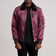 Clyde B-15 عنابي جاكيت بومبر جلد رجالي - Lateral Side Profile View Showing Sleeve Cut &amp; Athletic Taper Fit
