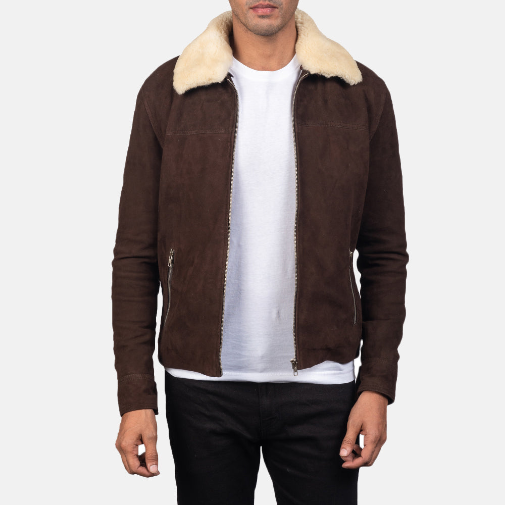 Men's Coffner بني Shearling Fur جاكيت جلد رجالي in Distressed Brown Goatskin Suede - Front Profile View &amp; Tailored Silhouette | Buy Online