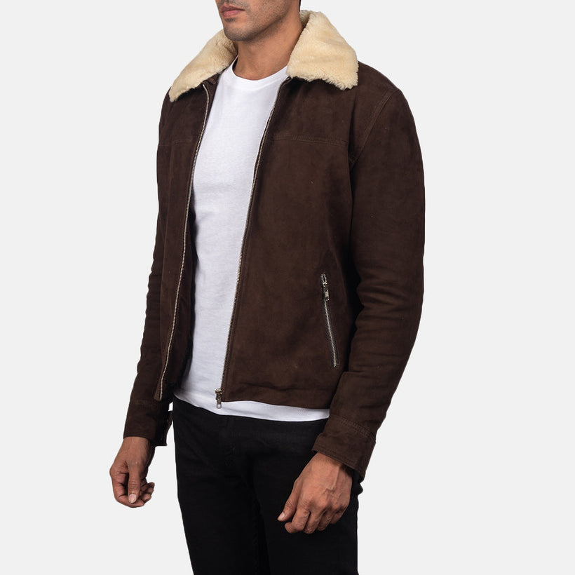 Distressed Brown Goatskin Suede Biker Jacket - Back View Showing Tailored Shoulder Fit & Clean Hemline
