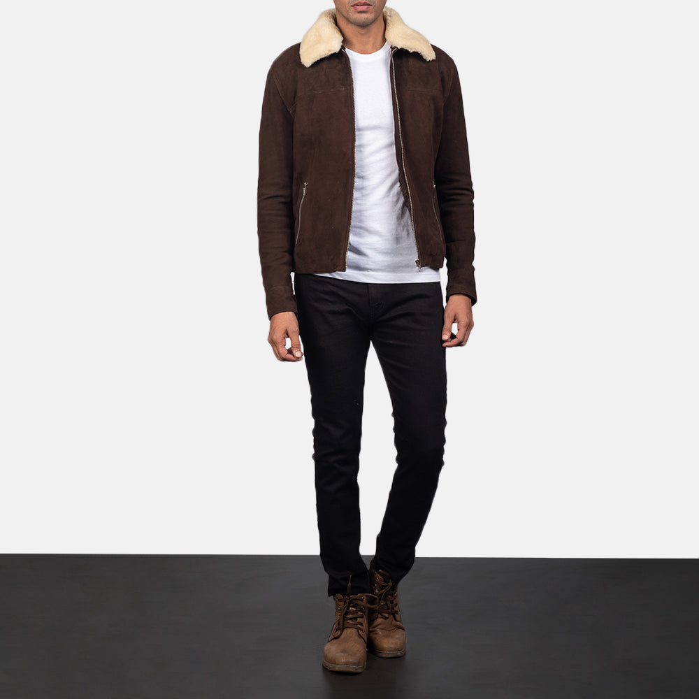 Men's Coffner بني Shearling Fur جاكيت جلد رجالي - Lateral Side Profile View Showing Sleeve Cut &amp; Athletic Taper Fit