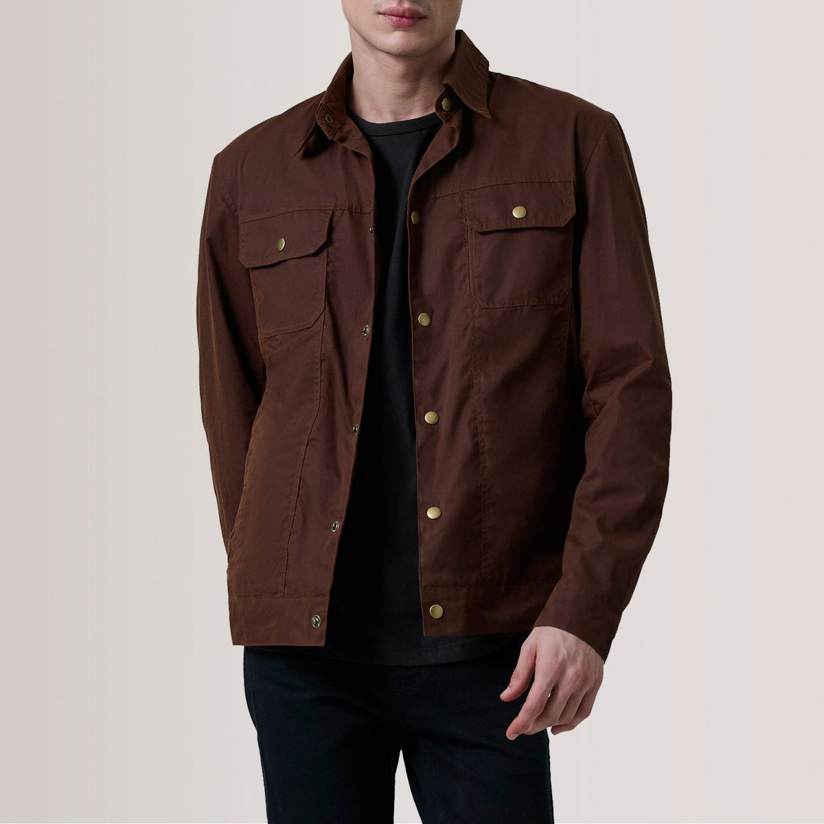 Colberto بني Waxed Canvas Trucker جاكيت جلد رجالي For Men in Brown Waxed Cotton Canvas - Front Profile View &amp; Tailored Silhouette | Buy Online