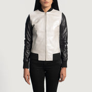 Women's Cole Silver جاكيت بومبر جلد نسائي in Silver &amp; Black Sheepskin Leather - Front Profile View &amp; Tailored Silhouette | Buy Online