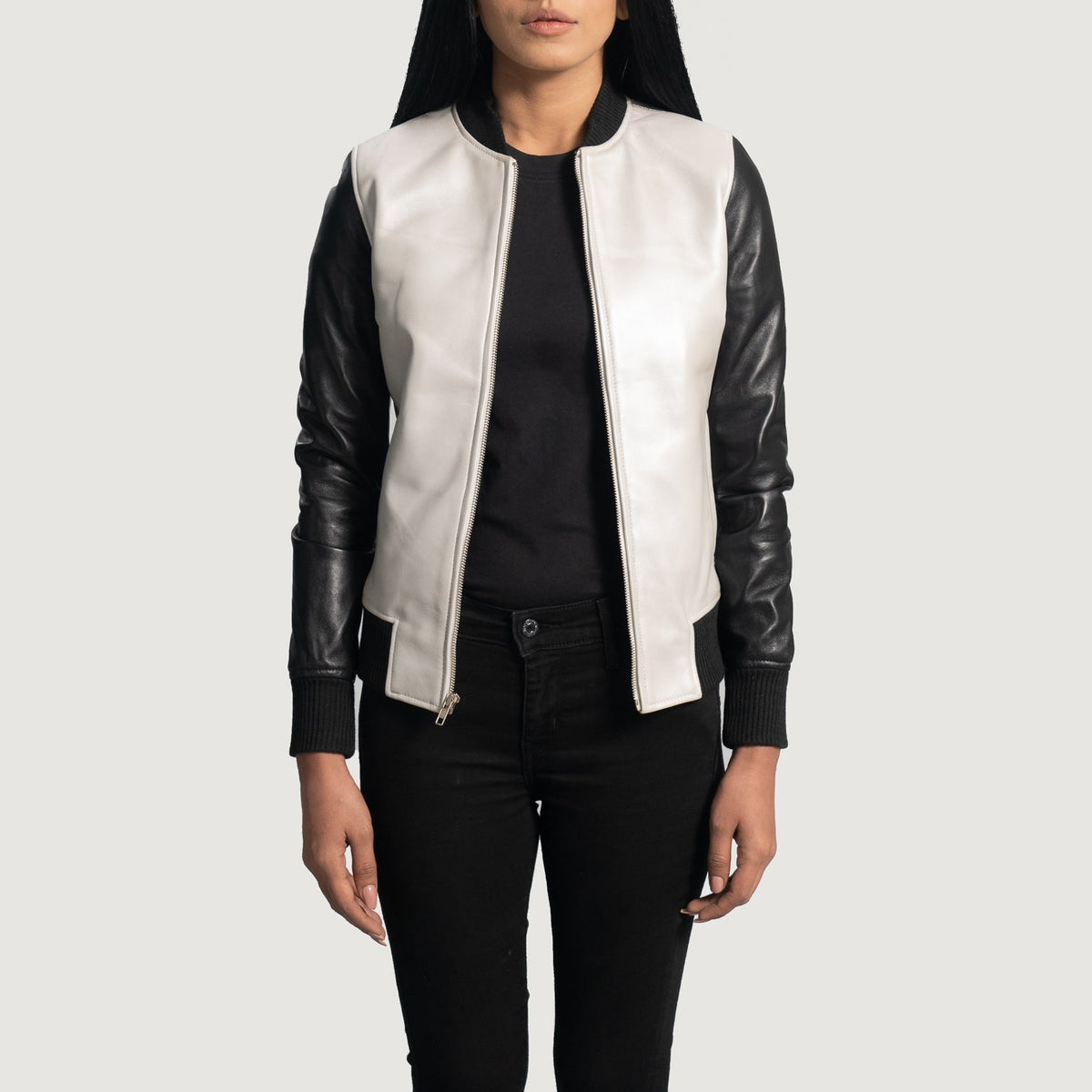 Women's Cole Silver جاكيت بومبر جلد نسائي - Lateral Side Profile View Showing Sleeve Cut &amp; Athletic Taper Fit