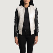 Women's Cole Silver جاكيت بومبر جلد نسائي - Lateral Side Profile View Showing Sleeve Cut &amp; Athletic Taper Fit