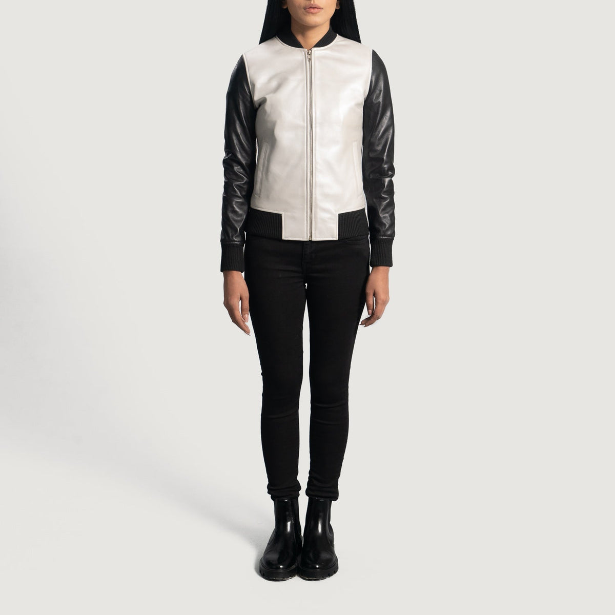 Close-Up Detail of Varsity &amp; Zipper Hardware on Women's Cole Silver جاكيت بومبر جلد نسائي