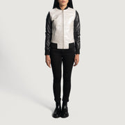 Close-Up Detail of Varsity &amp; Zipper Hardware on Women's Cole Silver جاكيت بومبر جلد نسائي