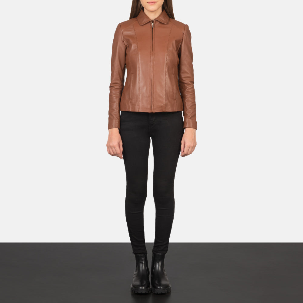 Women Colette بني جاكيت جلد نسائي - Lateral Side Profile View Showing Sleeve Cut &amp; Athletic Taper Fit