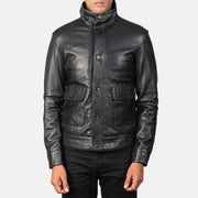 Norman Black Hooded Bomber Leather Puffer Jacket - Lateral Side Profile View Showing Sleeve Cut &amp; Athletic Taper Fit