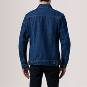 
تفاصيل مقربة of Classic Collar & Heavy-Duty Zipper Hardware on Conard Dark أزرق Denim Trucker جاكيت جلد رجالي For Men