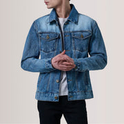 Conard Ice أزرق Denim Trucker جاكيت جلد رجالي For Men in Ice Blue Full-Grain Leather - Front Profile View &amp; Tailored Silhouette | Buy Online