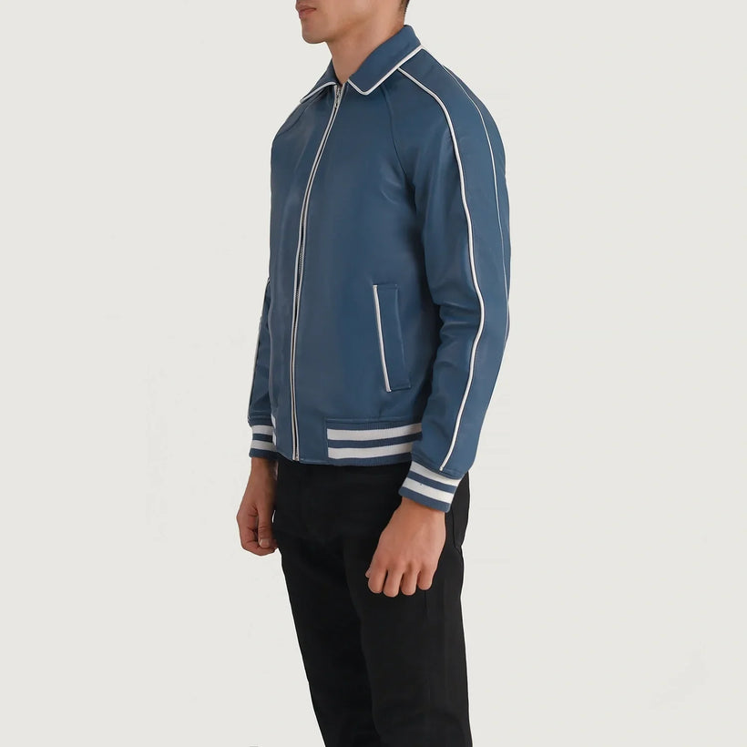 Cooper أزرق Leather Varsity جاكيت جلد رجالي