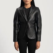Women's Cora مبطن أسود بليزر جلد نسائي in Black Sheepskin Leather - Front Profile View &amp; Tailored Silhouette | Buy Online