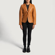 Women's Cora مبطن بني بليزر جلد نسائي - Lateral Side Profile View Showing Sleeve Cut &amp; Athletic Taper Fit