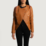 Women's County بيج Overlap جاكيت جلد نسائي - Lateral Side Profile View Showing Sleeve Cut &amp; Athletic Taper Fit