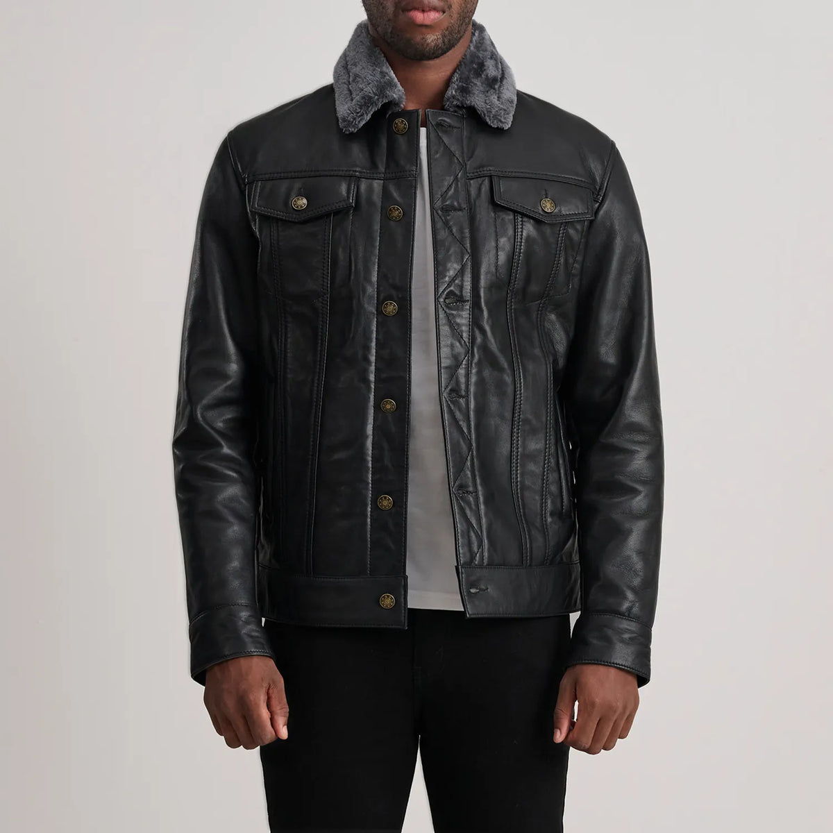 Dallis أسود Leather Shearling Trucker جاكيت جلد رجالي in Black Sheepskin Leather - Front Profile View &amp; Tailored Silhouette | Buy Online