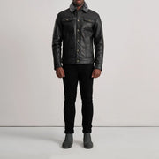 Dallis أسود Leather Shearling Trucker جاكيت جلد رجالي - Lateral Side Profile View Showing Sleeve Cut &amp; Athletic Taper Fit
