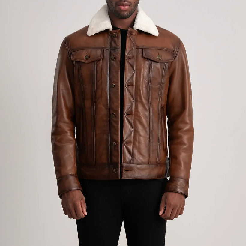 Dallis بني Leather Shearling Trucker جاكيت جلد رجالي